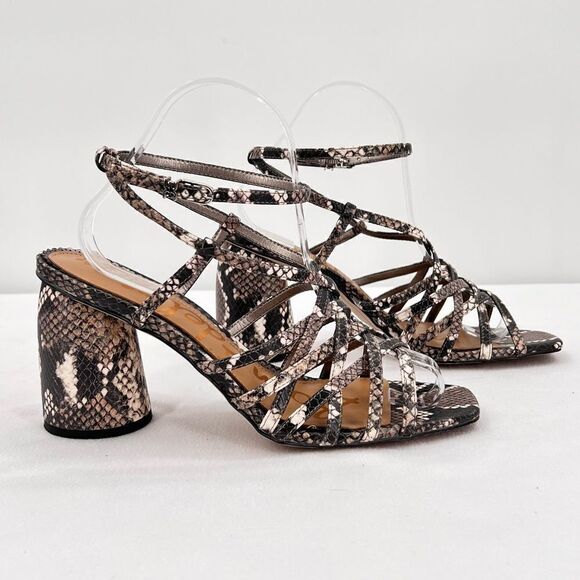 Sam Edelman Daffodil Taupe Snakeprint Ankle Wrap Block Heel Strappy Sandals Sz 9 - Picture 1 of 14